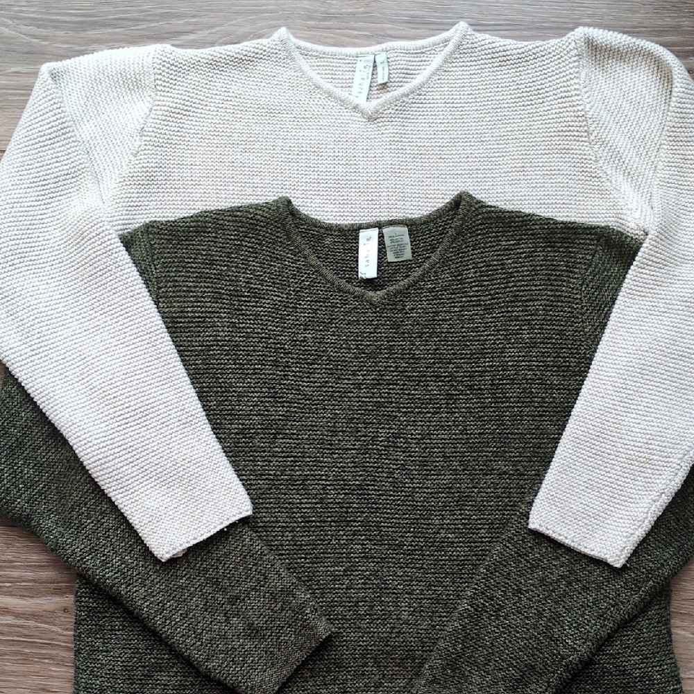2 Sahalie Chunky Knit V-Neck Long Sleeve Sweaters - Cotton Blend - Tan & Green L - Picture 3 of 13